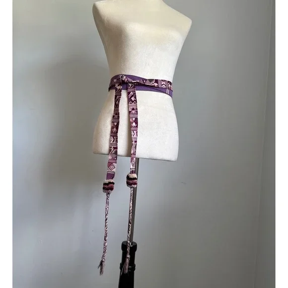 Woven‎ Fabric Belt Sash Aztec Geometric Purple Boho Hippie Pom Pom Tie Belt - Picture 8 of 9